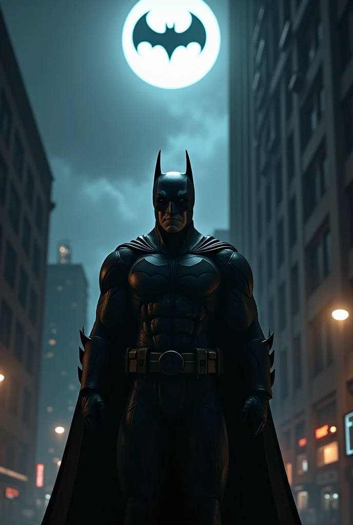 Batman, stop at a building, at night, background batisignal