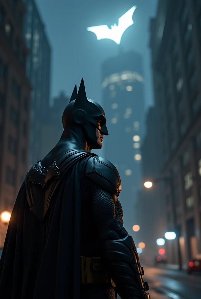 Batman, stop at a building, at night, background batisignal