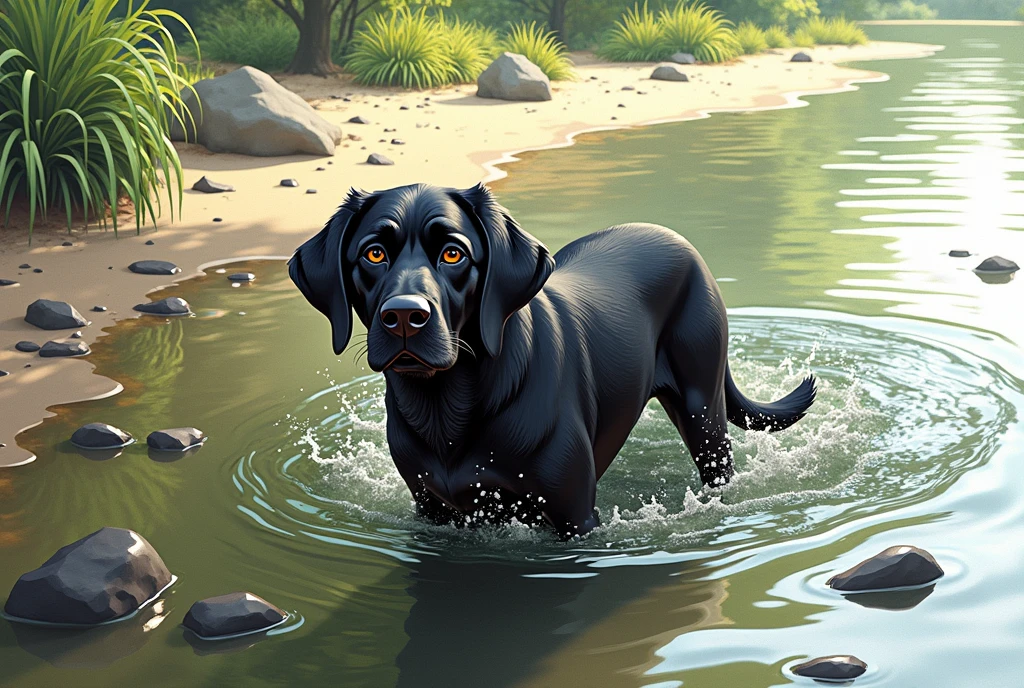 there is a disney style character black dog that is standing in the water, dog, at the waterside, black dog, a handsome, in a pond, in the water, a dog, river in front of him, the photo shows a large, bear, labrador, menacing!, playing with the water, emerging from the water, wet fur, handsome, nice face