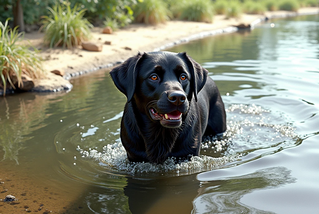 there is a disney style character black dog that is standing in the water, dog, at the waterside, black dog, a handsome, in a pond, in the water, a dog, river in front of him, the photo shows a large, bear, labrador, menacing!, playing with the water, emerging from the water, wet fur, handsome, nice face