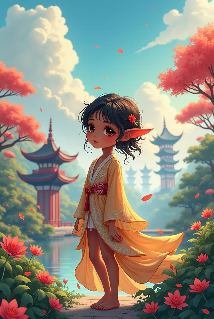 Fondo oriental style anime con un pygmy fae moreno 