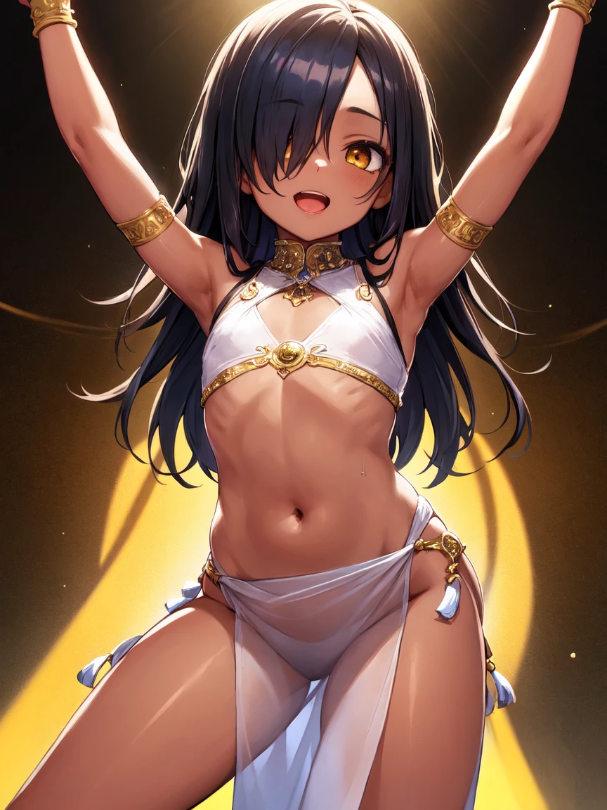 (SLE, mksks style, detailed background:1.1), (solo:1.3), girl, dark skin, ornate arabic dress, long hair, black hair, beautiful hair, (hair over eye), yellow_eyes, happy,head tilt, volumetric lighting, detailed harem interior background, arabic harem, colorful, flat chest, arabic clothes, teen, lewd outfit, young, (young girl), (very yogirl), small girl,py outfit, midriff, nsfw, lewd, slutty facial expression, (dancing), open mouth, (dark skin), (pelvic curtain), dancer, arms above head, hip sway, (motion lines:1.3), hip sway, bellydancer, arabic,