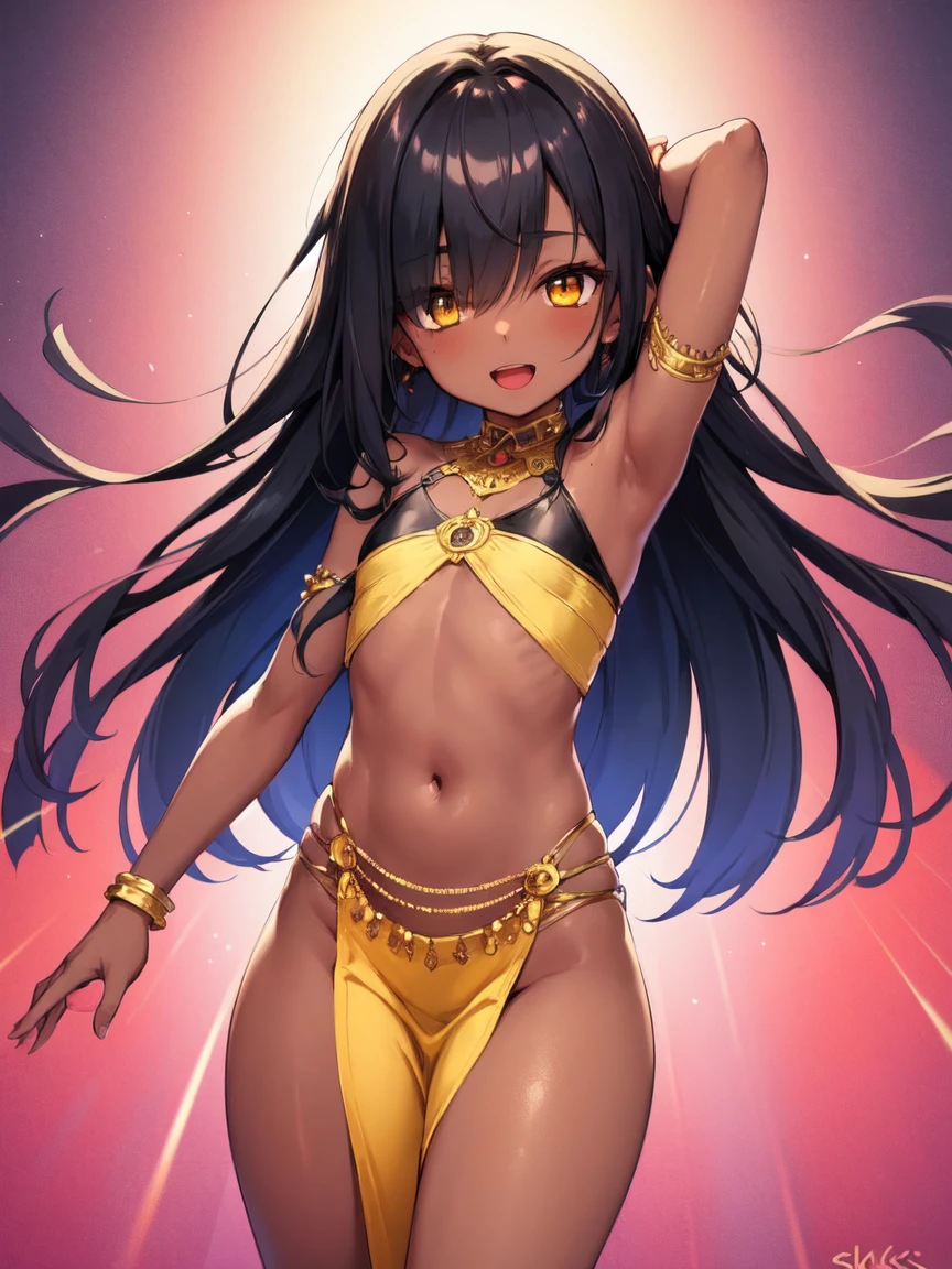(SLE, mksks style, detailed background:1.1), (solo:1.3), girl, dark skin, ornate arabic dress, long hair, black hair, beautiful hair, (hair over eye), yellow_eyes, happy,head tilt, volumetric lighting, detailed harem interior background, arabic harem, colorful, flat chest, arabic clothes, teen, lewd outfit, young, (young girl), child, (very young girl), small girl, skimpy outfit, midriff, nsfw, lewd, slutty facial expression, (dancing), open mouth, (dark skin), (pelvic curtain), dancer, arms above head, hip sway, (motion lines:1.3), hip sway, bellydancer, arabic,