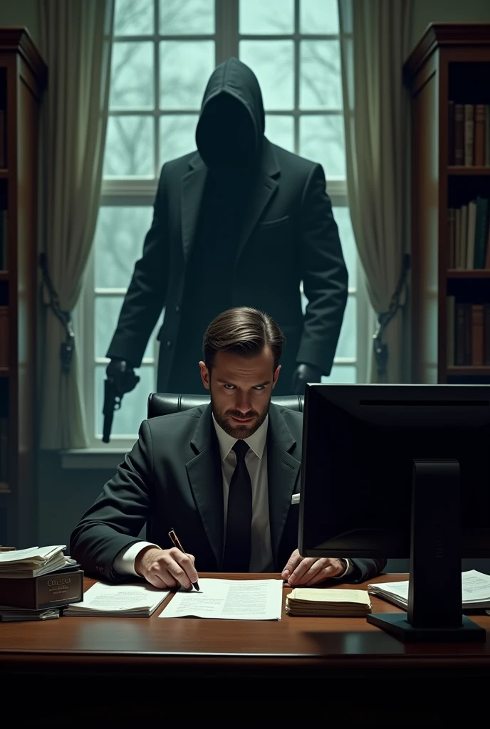 Create an image of a lawyer sitting in front of a computer and behind him is a dark figure or a hooded man holding a gun and his face cannot be seen.