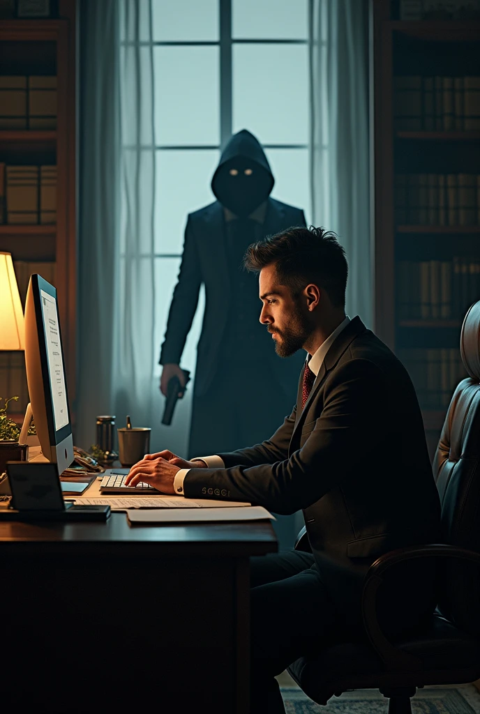 Create an image of a lawyer sitting in front of a computer and behind him is a dark figure or a hooded man holding a gun and his face cannot be seen.