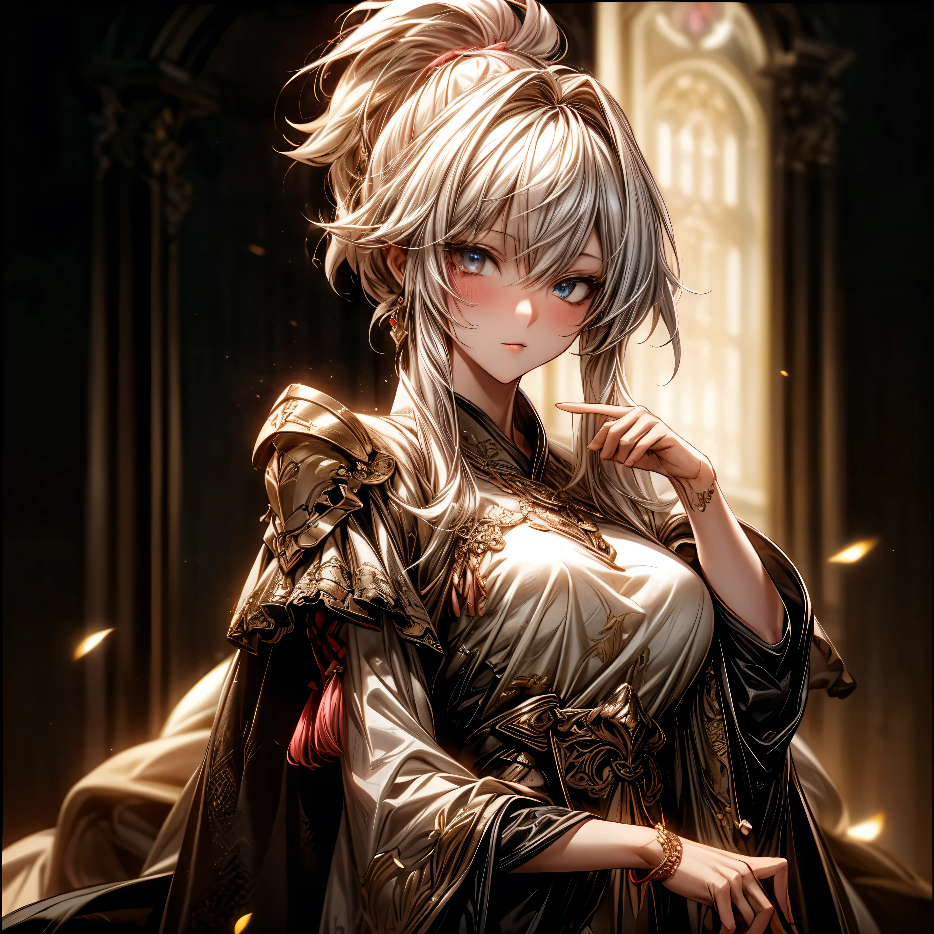 (best quality)), ((Masterpiece)), (details:1.4), 3d, HDR (high dynamic range), an image of a beautiful cyberpunk female, fantasy, Medieval, pink hair, High ponytail, Beautiful white eyes, จมูกโด่ง, ปากแดง, หน้าอกใหญ่, nvidia RTX, PBR surface, After processing, Anisotropic filtration,depth of field, Maximum clarity and clarity, multi-layered surface, Subsurface scattering, perfect proportions, 8K raw files, ultra detailed, Perfect proportions, volumetric lighting, soft lighting, Holy Paladin, Light Golden Armor, Black dress, glossy skin, intricate silver embroidery, Throne background, jewely, ต่างหู, นิ้วมือสมบูรณ์,