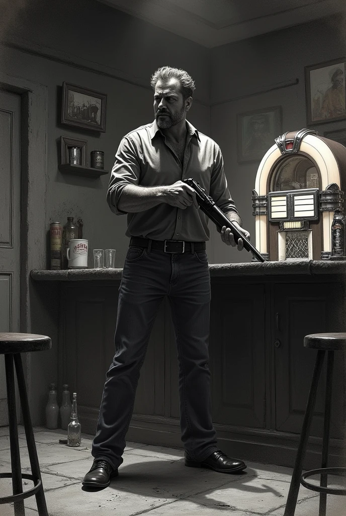 Simple drawing of a man with a gun in a bar with a jukebox