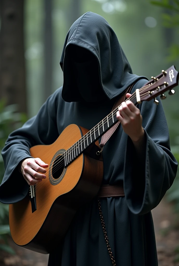 hooded guitarist in monk's robes
