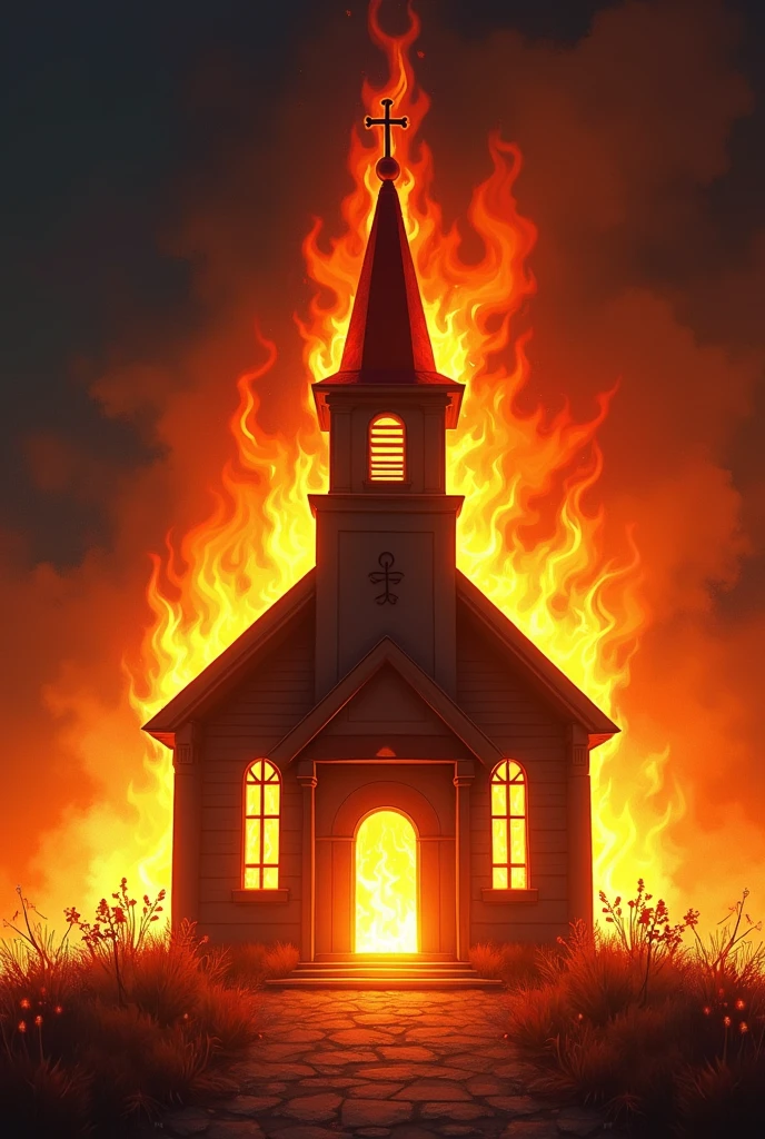 Create a digital art PNG of a small church engulfed in flames, viewed from a slightly elevated angle, as if looking down at it from a 30-degree angle. The church has a traditional architectural style with a pointed steeple topped with a cross. The flames are intense and rising from the roof, especially around the steeple. The church's windows and doors are glowing with an orange light, reflecting the fire inside. The scene should be dramatic, with the flames contrasting against a dark background. The art should be modern, blending realism with cartoonish elements to keep the imagery striking but not overly realistic.