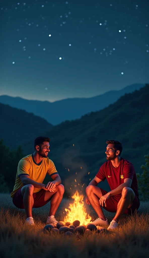 Ronaldo and Messi sitting by the campfire, chatting and relaxing.