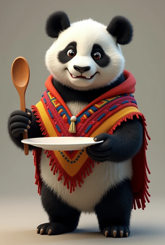 Draw a semi realistic panda, to wear a colorful poncho, I want him to have a determined and pleasant look and smile. Let it be a native poncho. And have a plate and a wooden spoon in your hands.