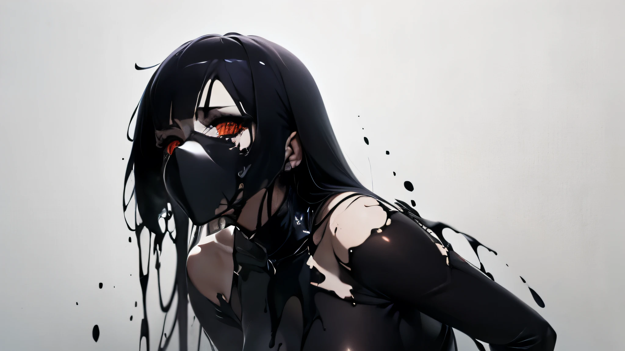  simple background, monochrome, horror (theme) there is a broken picture, black paint splatted, red blood splatted, smoked, red blood  (((anime girl character))), big boobies, wearing a mask