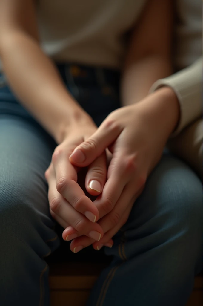 A girl's hand and a boy's hand holding hands on the edge of a seat, realistic, romantic 