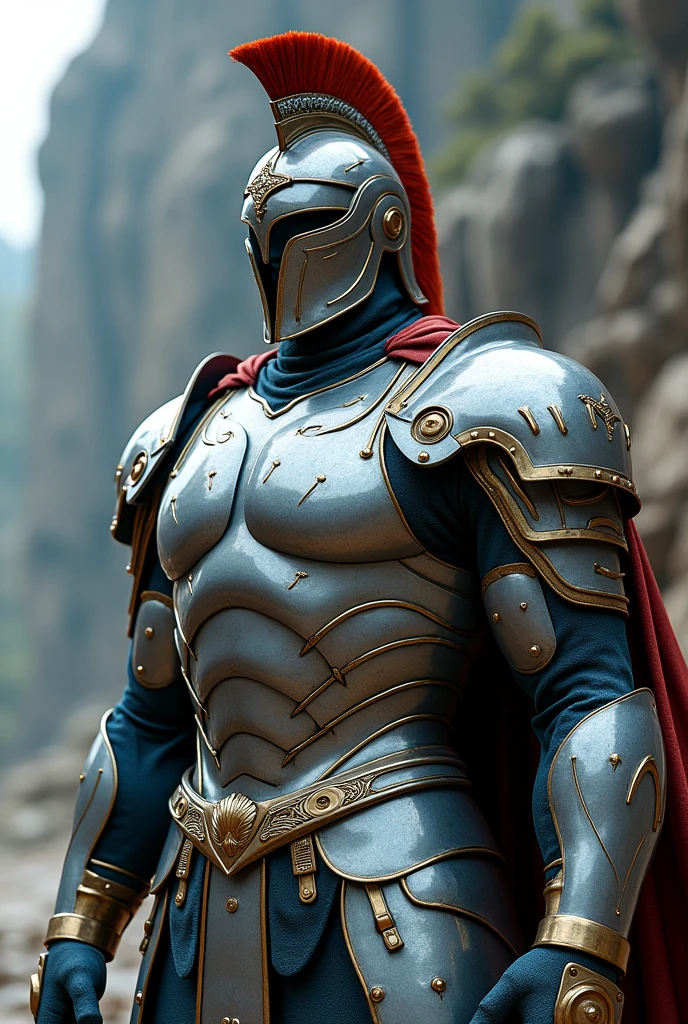 Futuristic Roman armor, gray color with shiny blue and gold details, eagle-shaped helmet, realistic, 4k, masterpiece
