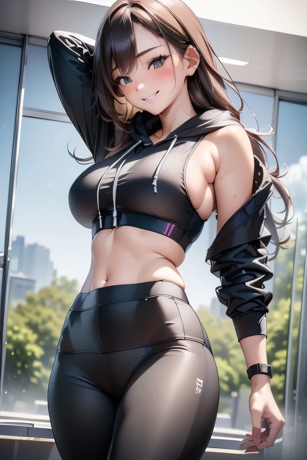 ((masterpiece,Highest quality,Highly detailed images,Beautiful images,Realistic)), ((1 girl, cool face, cool lady, Sports Bra,Black sportswear, Sporty hoodie、Long tights、small breasts, sideboob, smile, blush)) ,((indoors、fitness gym, Hair swaying in the wind))
