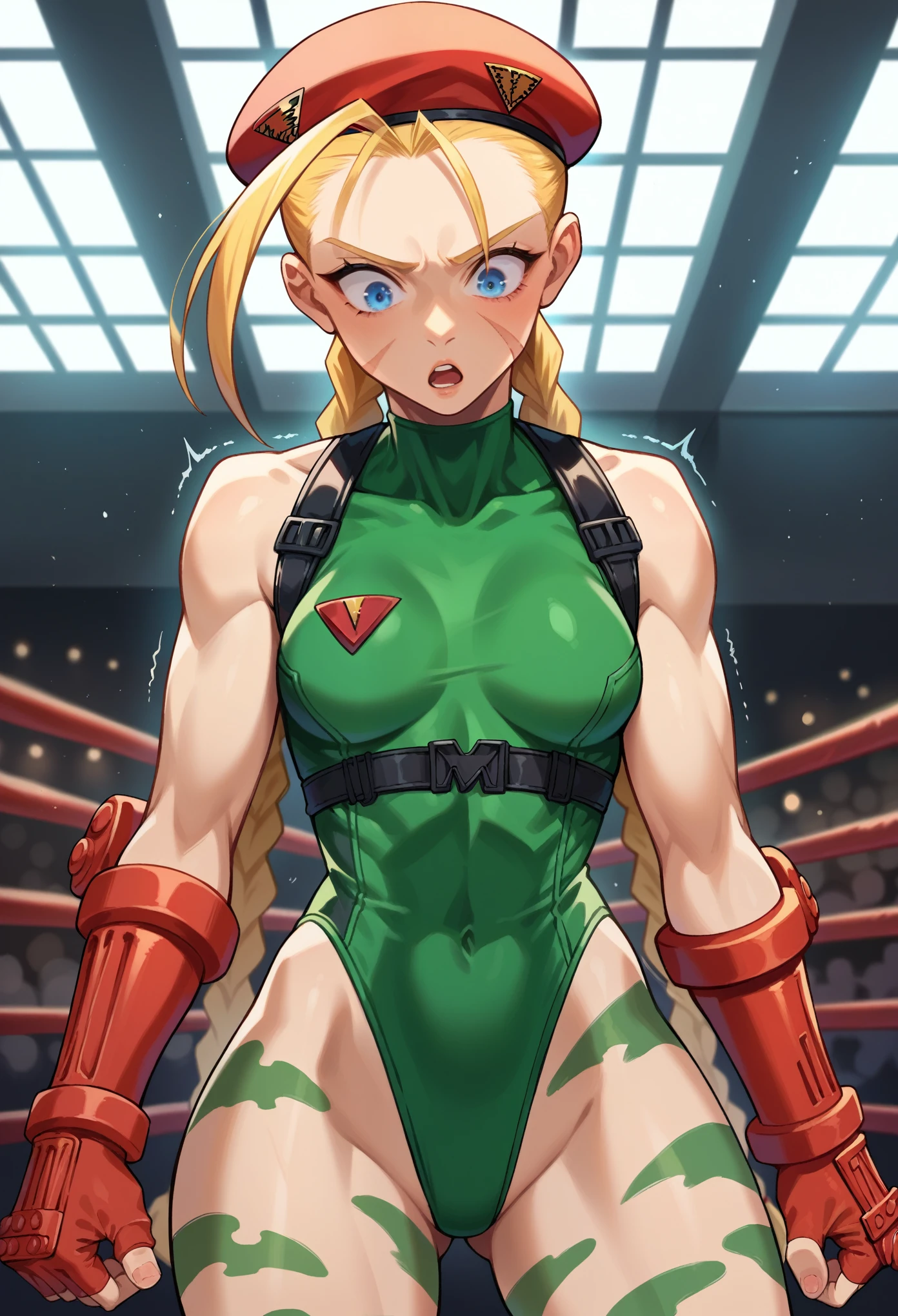 score_9, score_8_up, score_7_up, 1girl, solo, small breasts, CammyWhiteSFXL, scar on cheek, blue eyes, blonde hair, long hair, twin braids, antenna hair, camouflage, red beret, bare shoulders, green leotard, black harness, red gloves, fingerless gloves, standing, shocked face, shaking, looking down, fighting ring,