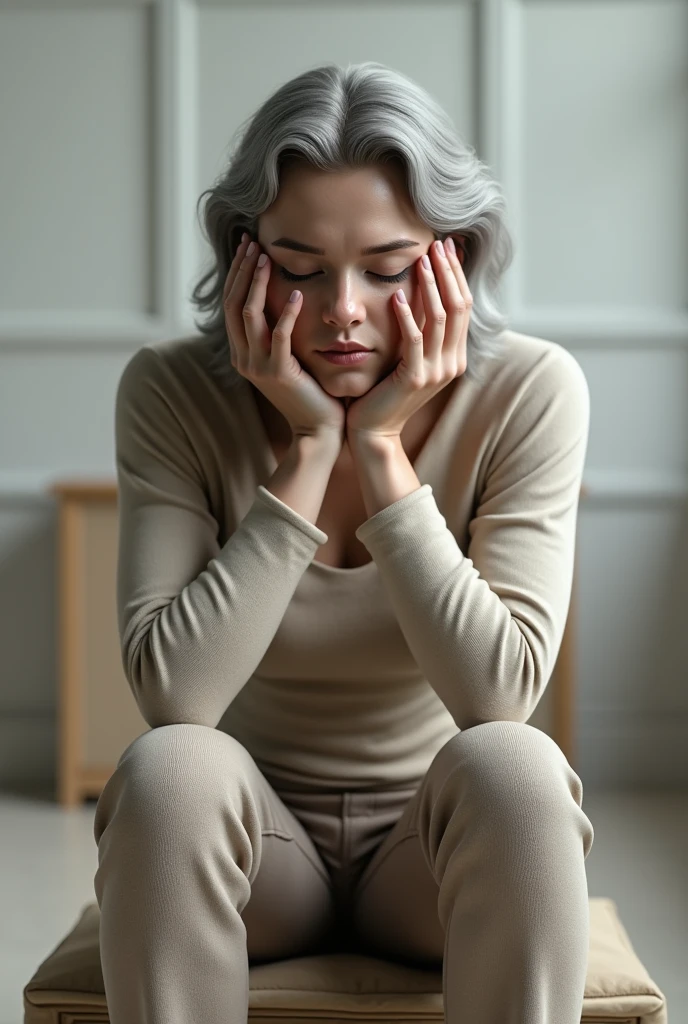 Person sitting on a piece of furniture with hands on head that looks real, not cartoonish