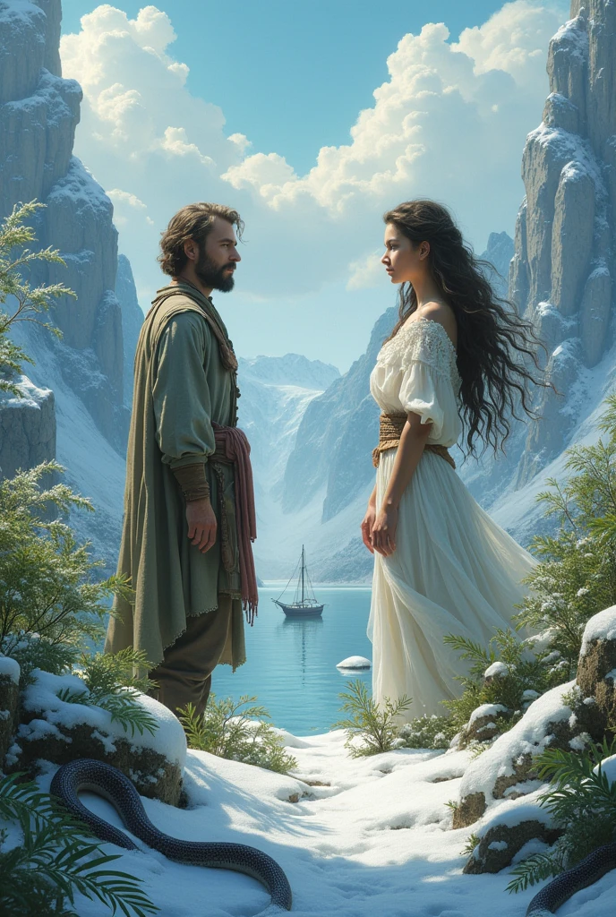 A man in a snowy place and a snake and a python among the green leaves, a beautiful girl, a snake floating in the air and a ship