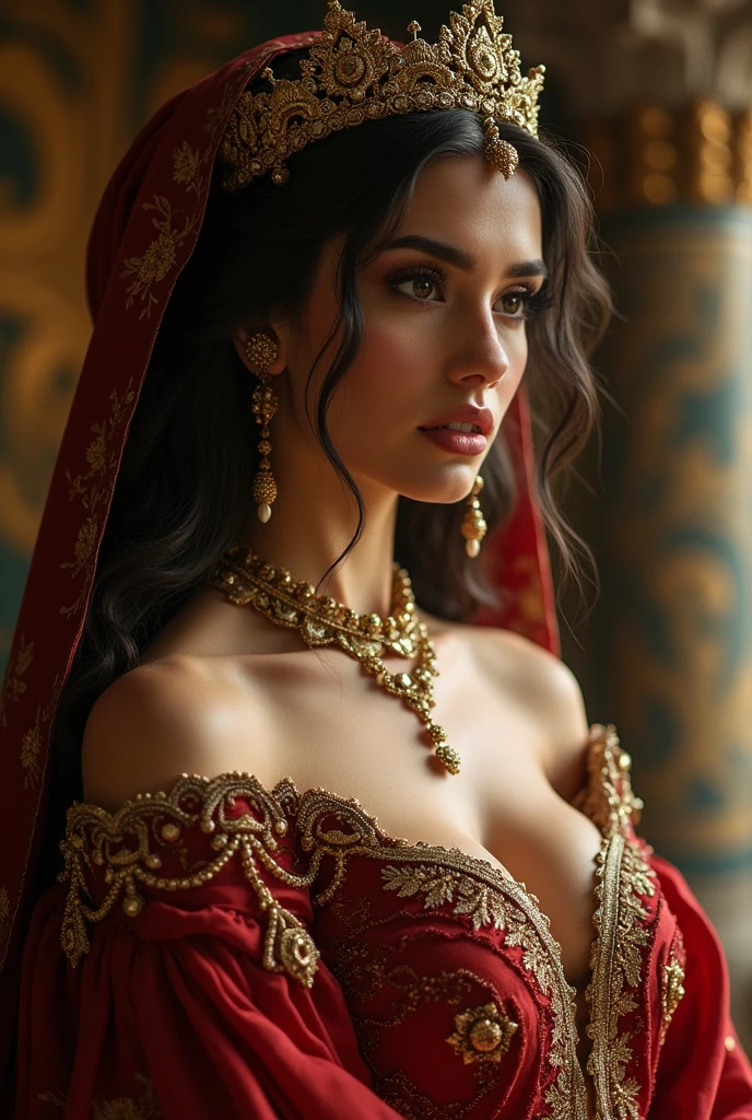 beautiful Persian queen, voluminous breasts, wide hips; dressed in her royal clothing; Her breasts and hips are enhanced; fine details in the woman's eyes and eyelashes; fine details in the woman's outlined face; side view: she has a contemplative and sensual look; full and juicy lips; sensual image; artwork; film production