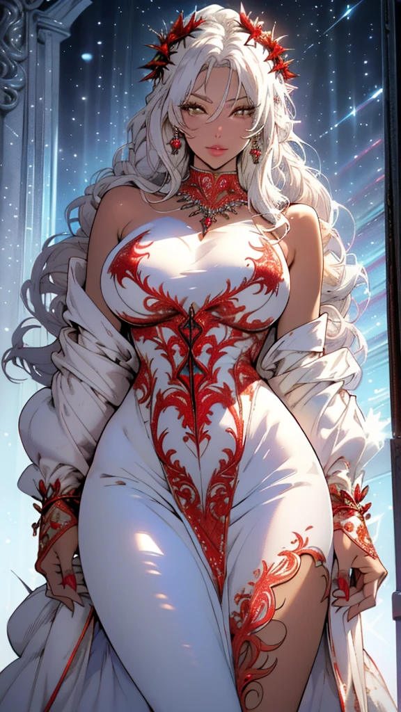 woman,1female,((milf,mom,mature,mature woman,4 female,adult)),(large breasts:1.5),saggy breasts,(((white hair:1.4,straight hair,long hair:1.4,colored inner hair))),((yellow_eyes:1.3)),intricate eyes,beautiful detailed eyes,symmetrical eyes,((((dark skin:1.4,lustrous skin:1.5,bright skin: 1.5,skin tanned,shiny skin,very shiny skin,shiny body,illuminated skin)))),(spider lower abdomen,narrow waist,wide hip,bimbo body,inflated legs,thick thighs,delicate detailed fingers),(((detailed face))),
cute,slutty,sensual,seductive look,seductive,((erotic)),opulent,sumptuous,longingly,((nsfw)),
queen,goddess,fantasy,(beautiful winter silver clothes,silver silk),((strapless red dress,very long red skirt,red dress)),(silver clothes),(((ice jewelry,intricate necklace,christmas jewelry,detailed outfit))),cleavage,silver silk,((eyeshadow,elegant makeup,eyelid makeup,gold lips,gold lipstick)),((Transparent cloth:1.1)), (((Sexy white fur coat, white fur coat outfit, wearing a white fur coat:1.3,winter white coat))),red gloves,(((intricate outfit,intricate clothes,embroidered outfit,ornate outfit,embroidered clothes,ornate clothes))),
(dynamic pose:1.0),embarrassed,(centered,scale to fit dimensions,Rule of thirds),
((snowy pine forest)),winter,scenery:1.25,((intricate scenery)),((snow forest background)),Christmas tree,
(Glossy winter ornaments),highres,sharp focus,(ultra detailed,extremely detailed),(photorealistic artwork:1.37),(extremely detailed CG unity 8k wallpaper),(((vibrant colors,vibrant theme))),(intricate),(masterpiece),(best quality),