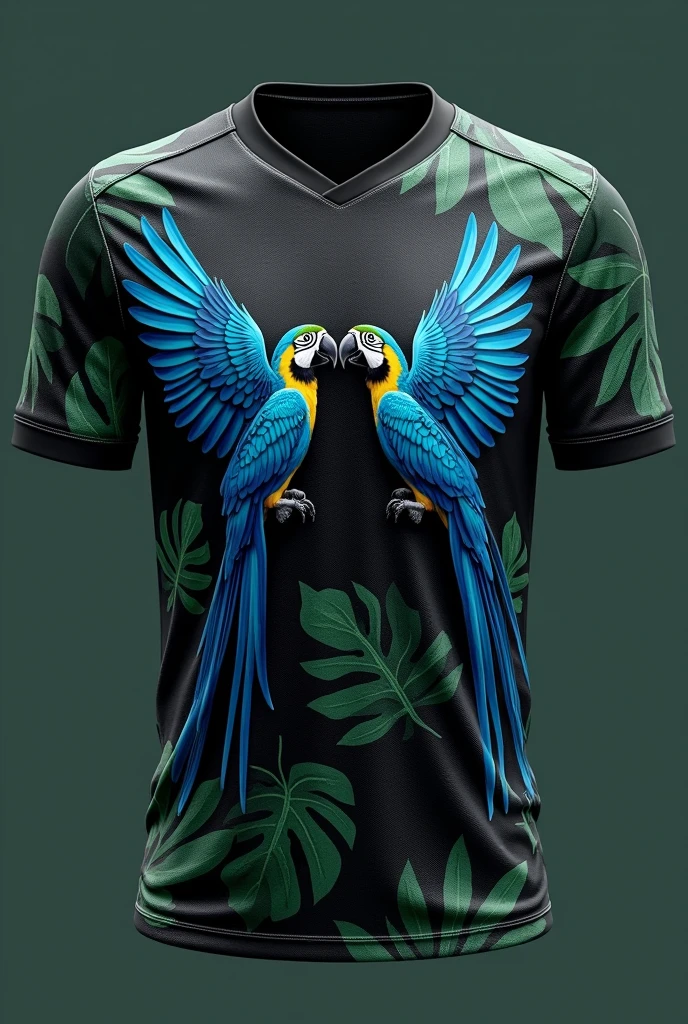 **Prompt**:
"A hyper-realistic soccer jersey design showcasing both the front and back views, with meticulous attention to every detail. The base color of the jersey is a deep, luxurious black, providing a striking contrast to the vivid elements that adorn the shirt.
**Front View**:
The front of the jersey is dominated by an incredibly lifelike illustration of two magnificent blue macaws in full flight. The macaws are depicted with extraordinary detail, each feather rendered with precision, showing gradients of blues, turquoises, and subtle hints of iridescence that shimmer as light plays across the surface. The feathers are layered, giving a sense of depth and texture, as if the macaws could lift off the fabric at any moment.
These macaws are arranged diagonally from the lower left to the upper right, with their wings extended in dynamic, mid-flight poses. The first macaw, slightly lower and closer to the viewer, has its wings fully spread, displaying the underside of its vibrant wings, where each feather is distinct, catching light in a way that enhances the realism. The second macaw, positioned slightly behind and above, shows a different angle, with its body slightly turned, adding a three-dimensional effect to the composition.
The background behind the macaws is a subtle, embossed pattern of tropical leaves, created with a slightly lighter shade of black. This pattern adds texture without detracting from the main visual elements. The leaves are detailed with visible veins and soft shading that gives them a semi-realistic appearance, almost as if they are part of the fabric itself.
The sleeves are a continuation of this tropical theme, wrapped with large, realistic tropical leaves in various rich shades of green. The leaves are portrayed with high fidelity, each vein and color gradient rendered to mimic the look of actual leaves, as if plucked fresh from a rainforest. The leaves are positioned to appear as though they naturally contour to the shape of t