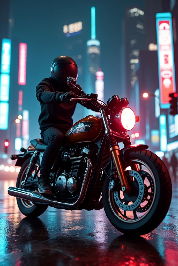 Yamha rx100 bike in night city with trafic light