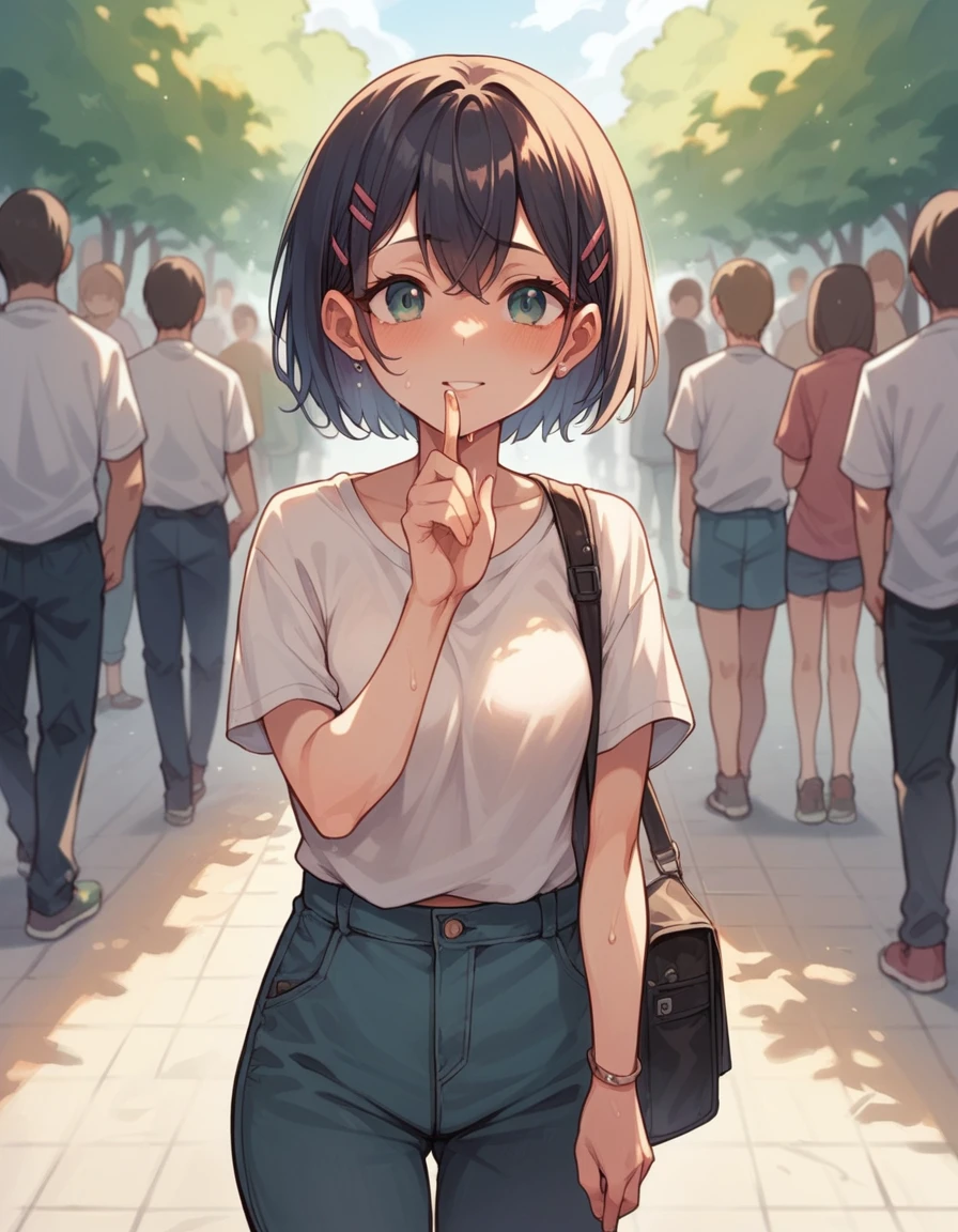 Anime girl naked in public cute sweaty goes hand in hand with her boyfriend