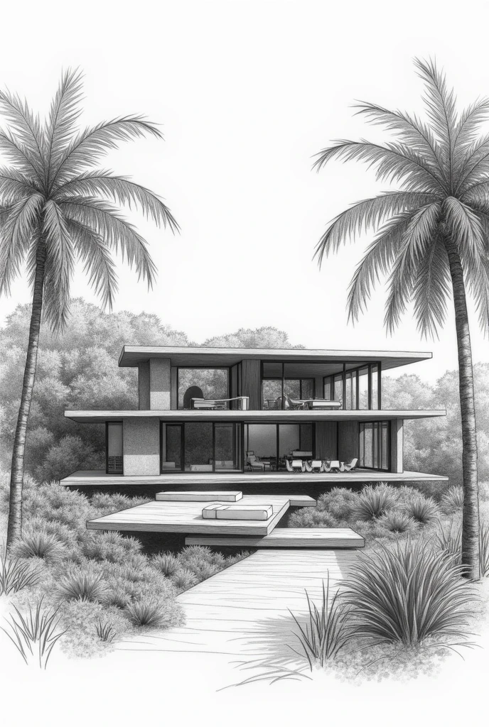 Create an architectural sketch as if it were in pencil of a sustainable home on the coast of Quintana Roo among the jungle