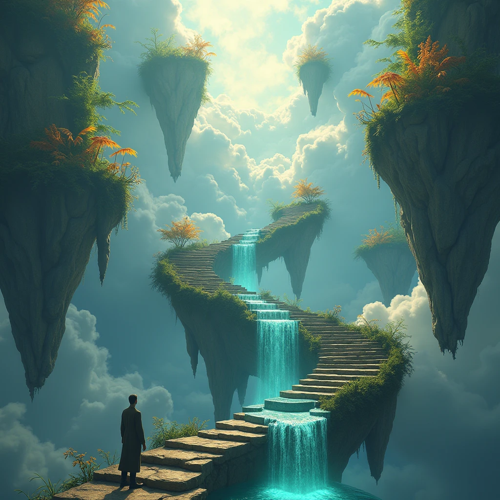 An endless staircase spiraling upwards into the sky, with no visible beginning or end. The steps are made of a variety of materials—some are stone, others are glass, and some appear to be made of water, constantly flowing yet solid enough to step on. Strange, glowing plants grow along the sides of the staircase, with tendrils that reach out towards the sky. The sky itself is filled with floating islands, each with its own miniature ecosystem, defying gravity. A figure is seen ascending the staircase, seemingly lost in an infinite loop. The scene evokes a sense of mystery and the infinite.