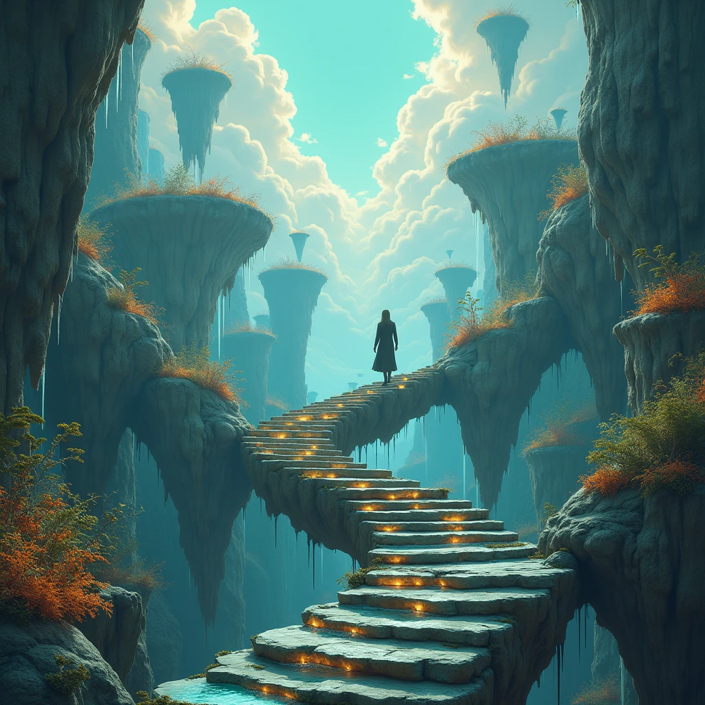 An endless staircase spiraling upwards into the sky, with no visible beginning or end. The steps are made of a variety of materials—some are stone, others are glass, and some appear to be made of water, constantly flowing yet solid enough to step on. Strange, glowing plants grow along the sides of the staircase, with tendrils that reach out towards the sky. The sky itself is filled with floating islands, each with its own miniature ecosystem, defying gravity. A figure is seen ascending the staircase, seemingly lost in an infinite loop. The scene evokes a sense of mystery and the infinite.