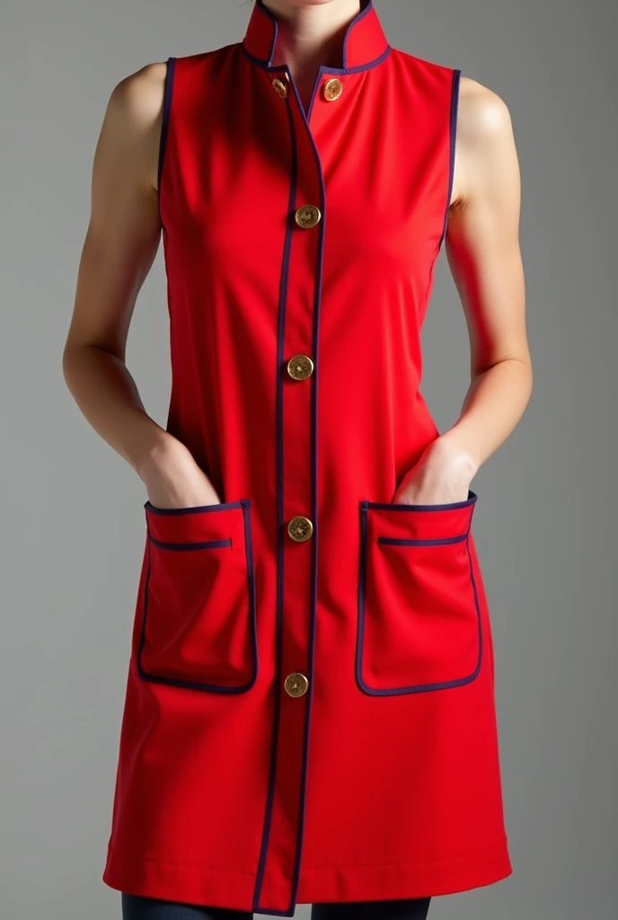 Bright red sleeveless fitted teacher smock, with navy blue piping trim on the pocket fold. Fastened at the front with double metal ring clasps