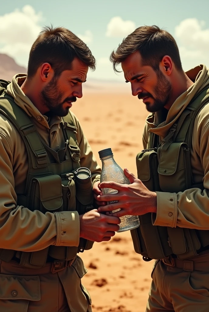 Two soldiers open a water bottle and drink it, but it's empty in the middle of the desert.