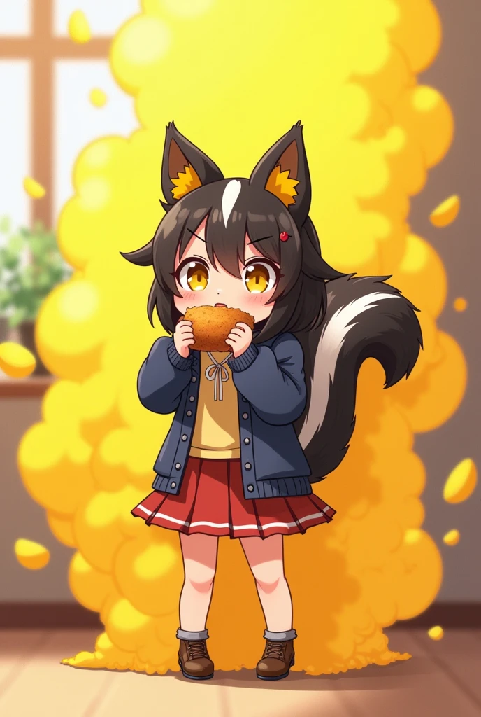 1 Human Girl、anime、animeチック、Skunk Ears、Skunk&#39;s Tail、Kindergarteners、A large amount of yellow mist is sprayed from the skirt、Embarrassing、farting、solo、Eat baked sweet potatoes