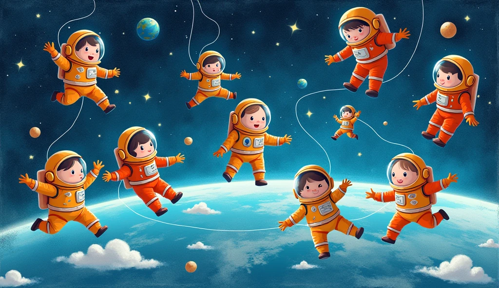 a frame consisting of many floating astronauts as a child's drawing