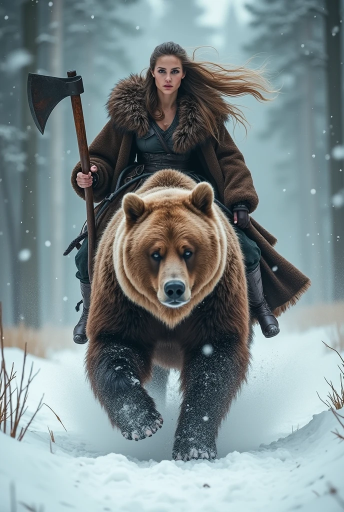 photorealistic of a female Viking warriors with long hair wearing a brown bear fur cloak riding a massive brown bear, detailed face, beautiful woman, holding axe with one hand, charging forward, cowboy shot, snow storm, secluded background, snow forest background, dramatic lighting, high contrast 