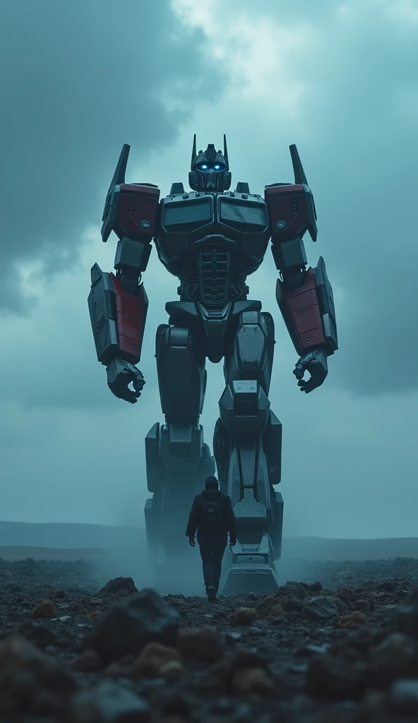 Gigantic transformer optimus prime walking across a plain in the distance amid fog, blue  haze, dark clouds, grimdark ,supense, unearthly, octan render, unreal engine , photorrealistic, hyper realism, highy detailed, high qualiy, intrincately detailed,Volumetric lighting, full character, 4K, ,hard disk ,Full HD, 8k, RTX, high resolution, detailed shadows, incredibily detailed, perfect, Dramatic scale
