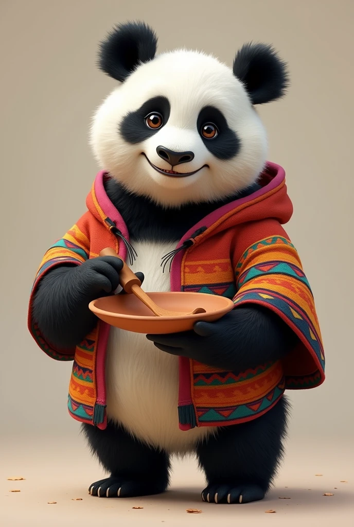 Draw a semi realistic panda, to wear a colorful poncho, I want him to have a determined and pleasant look and smile. Let it be a native poncho. And have a clay plate and a wooden spoon.

