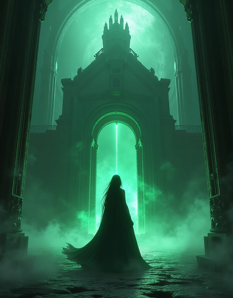 "A dark, ominous temple on Nova Aeterna, where the evil sorceress Lyra channels ancient dark magic. The temple, a fusion of gothic and futuristic design, is surrounded by swirling shadows and eerie green light. Lyra’s eyes burn with malevolent energy as she manipulates dark forces. Rendered in 8k resolution, with volumetric lighting, deep shadows, and highly detailed textures creating a haunting atmosphere