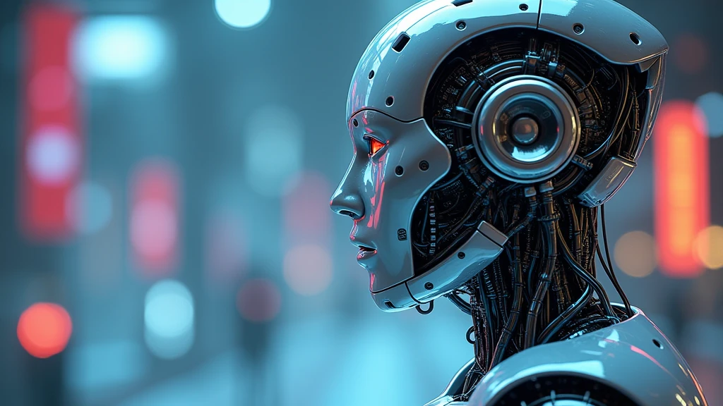 : A humanoid robot with intricate circuitry, its metallic face reflecting the glow of a nearby holographic interface. 8k