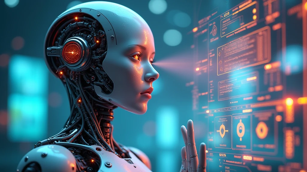 : A humanoid robot with intricate circuitry, its metallic face reflecting the glow of a nearby holographic interface. 8k