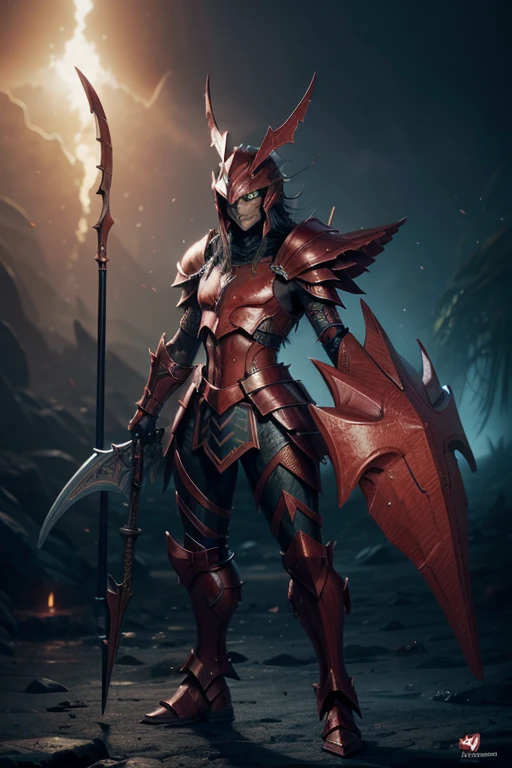 warrior with spear, humanoid appearance as monstrous, shield, Fins on the arms and legs, armor with spines similar to marine creatures, seahorse helmet, yugioh style, eerie glowing red eyes, black armor, criature aquatic