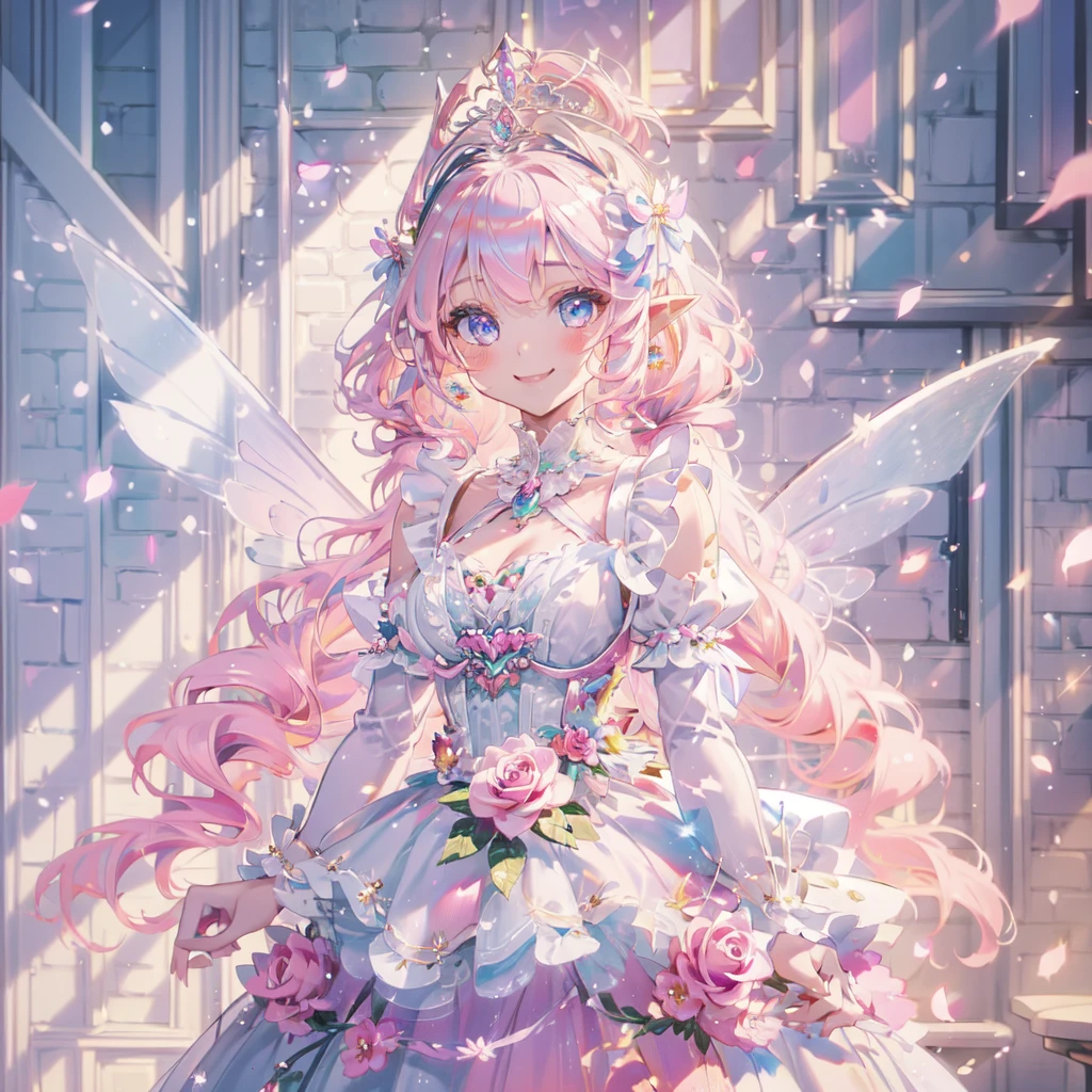 (((Stickers, Background white))),((superwide shot,Ultra-wide field of view,whole body)),,Highest quality, Very detailed, beautiful, Exquisite, 16K, Full HD, Absurd,White Background,((Upper Body,Half-body photo)),((smile,Happy:1.5)),((Sparkling fluffy layered ball gown)), (Grab the hem of your dress and bow slightly.),Lots of flowers,((Surrounded by roses)),ruffles and rhinestones, ( Tabletop, Art Station, Fantasy art:1.2), 優雅なsmileで佇む,pastel colour,((Giant white fairy wings))、White skin,Gradient Hair, Pink Hair, Hair blowing in the wind, Wavy Hair,Fluffy hair,tiara,Lavender eyes, Long eyelashes, beautiful eyes、Light pink cheeks,Pointed Ears, Bright Eyes,Dazzling Light, Warm lighting,