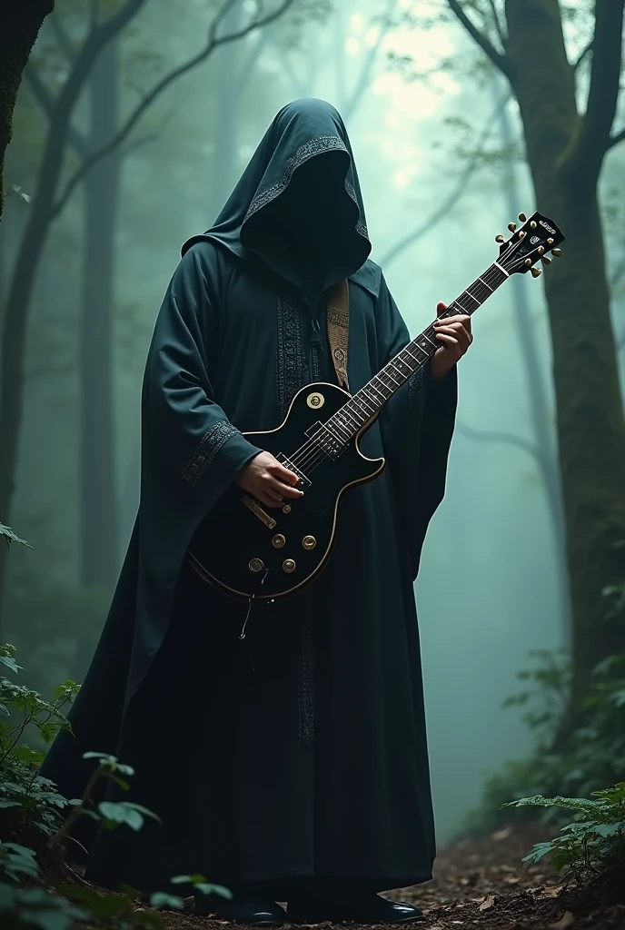 guitarist with les paul guitar with hood and monk's robe in full body in mystical forest
