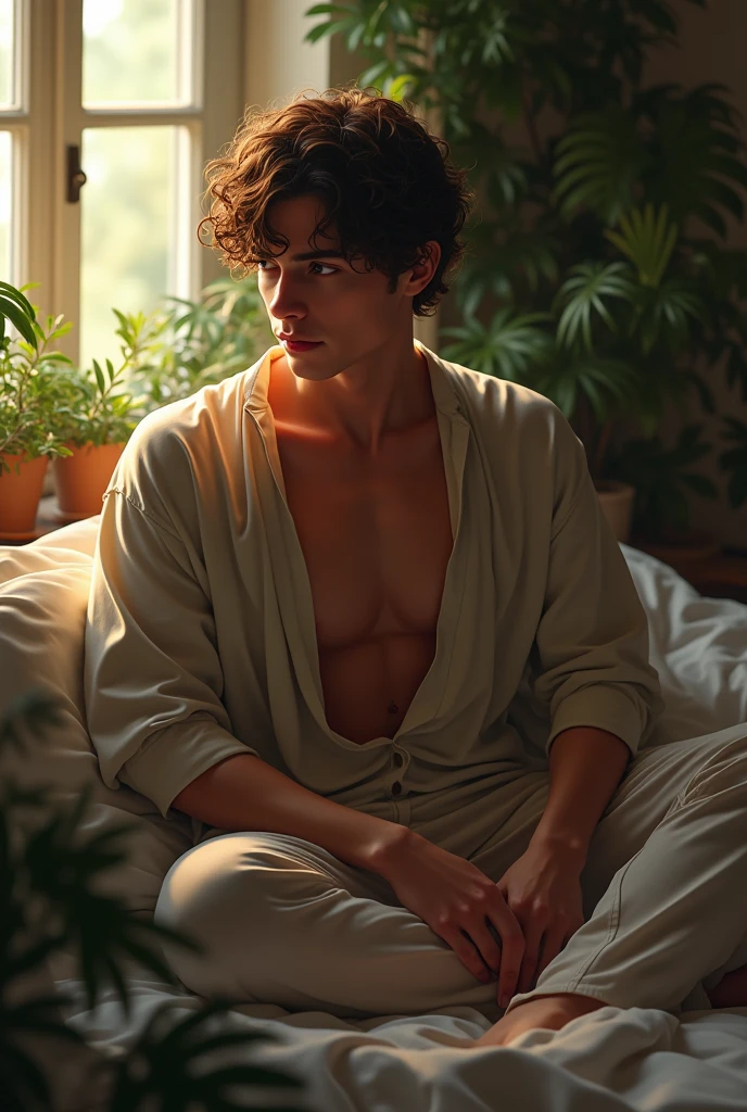 (photorealism:1.2), sexy man, masturbating on bed, wearing loose off-shoulder top, men's thong, short curly hair, indoors, soft lighting, plants in background, window with sunlight, cozy room, sexy pose, playing with bulge vpl, realistic, intricate details, warm colors, by Greg Rutkowski, by Alphonse Mucha