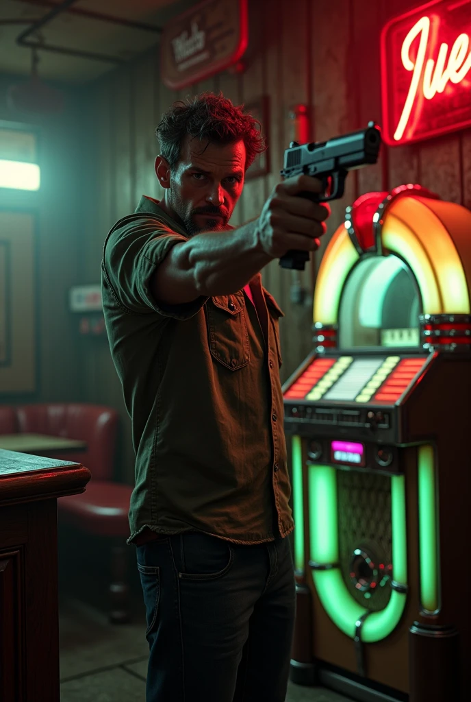 Drunk man with gun in a bar with a jukebox