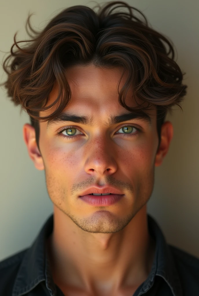 Create an image of a handsome guy with brown hair color and green eyes