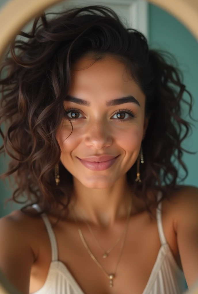 mulher morena, short hair, curly hair, olhos detalhados, nariz detalhado, frente para a camera, sentada na cama, seios grande, calcinha branca, sutian branco