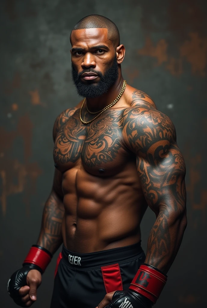 Tall black man MMA fighter has tattoos on stomach and arms he is very strong and has bright hazel eyes he has a beard with facial hair a d he standing in fighting stance. Little more slim build. Bigger nose and bigger lips has tattoos on the abdomen beard is a slightly shorter and he has writing on his chest his eyes are bright hazel that needs to be noticeable 