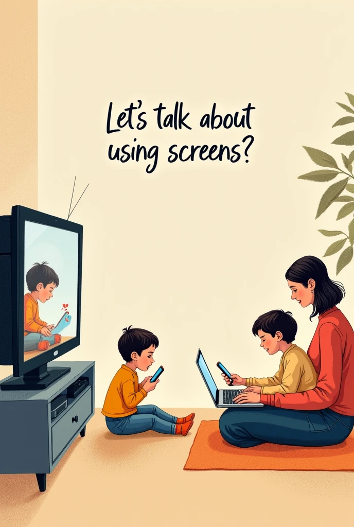 Image of a baby watching a video on TV, a child using a cell phone and an adult using a notebook. Using images in drawing. in the middle of the image, centered a writing with the question Let&#39;s talk about using screens?. Image for instagram post