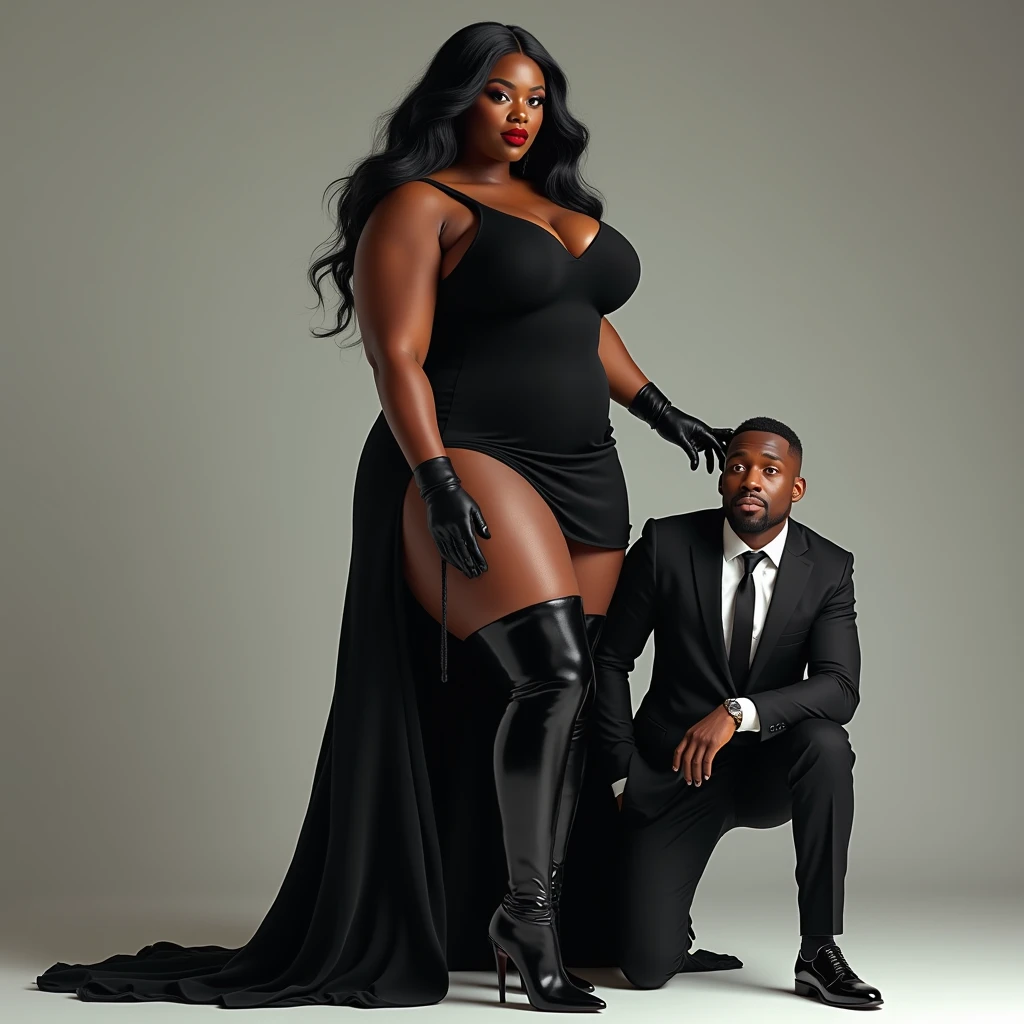 (photorealism:1.2) natural
beautiful ebony plus size dark brown skinned tone melanin women, with long flowing black hair bbw plus size curvaeous woman radiating authority ,A woman in long heel boots, black dress and black gloves holding another kneeling white cuban man in formal clothes on a leash,
